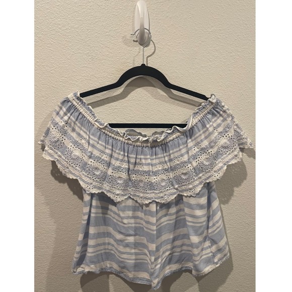 AMERICAN EAGLE OUTFITTERS Off The Shoulder Striped White Blue Blouse - Picture 1 of 3